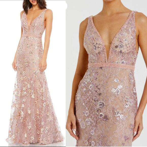 Mac Duggal 67481 Rose Pink Floral 0 Long Gown Dress Embellished Plunge Neck - Picture 1 of 10
